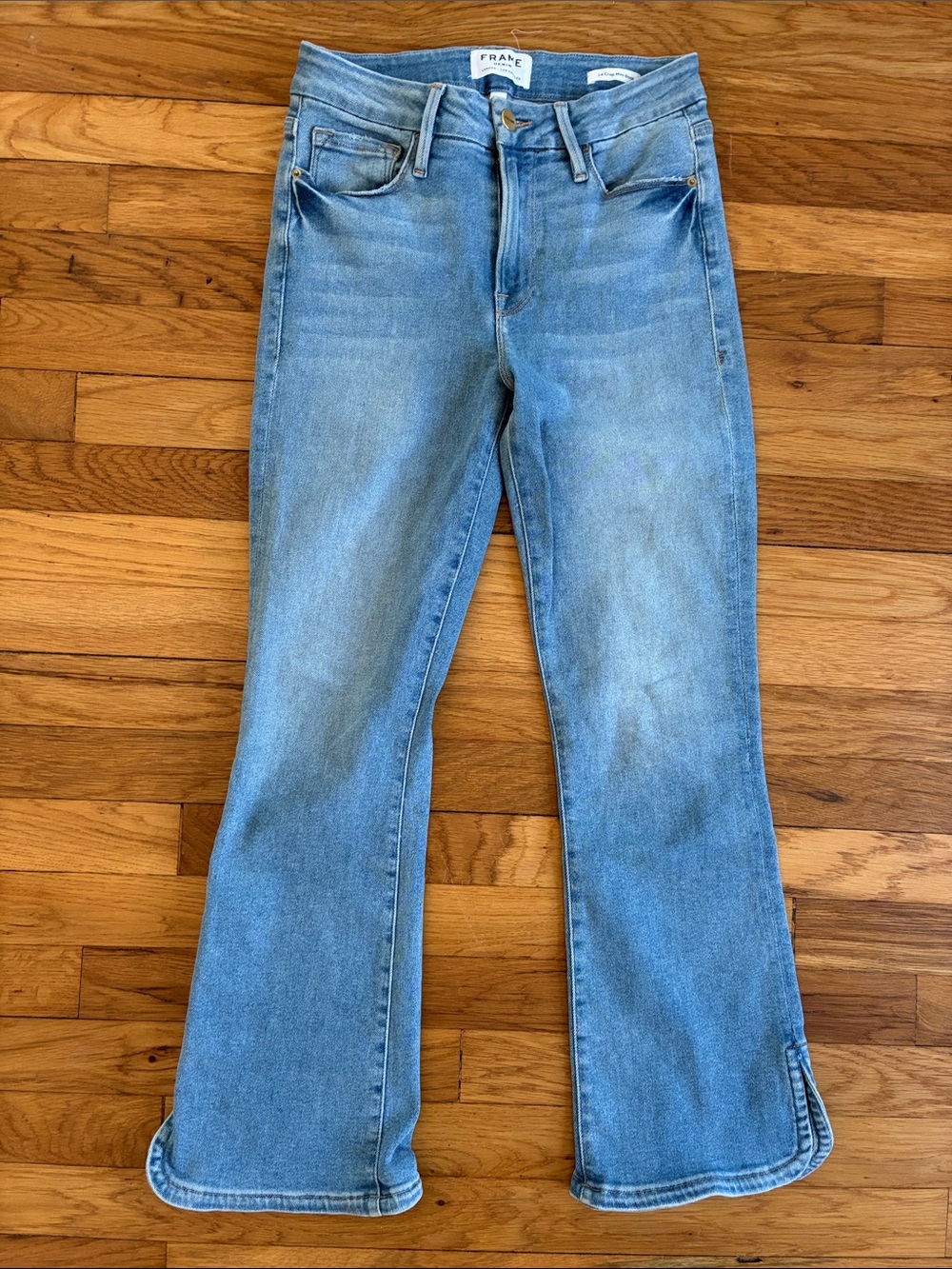 FRAME Le Crop Mini Boot Jeans 27 Split Hem Apollo Light Wash Stretch High Rise